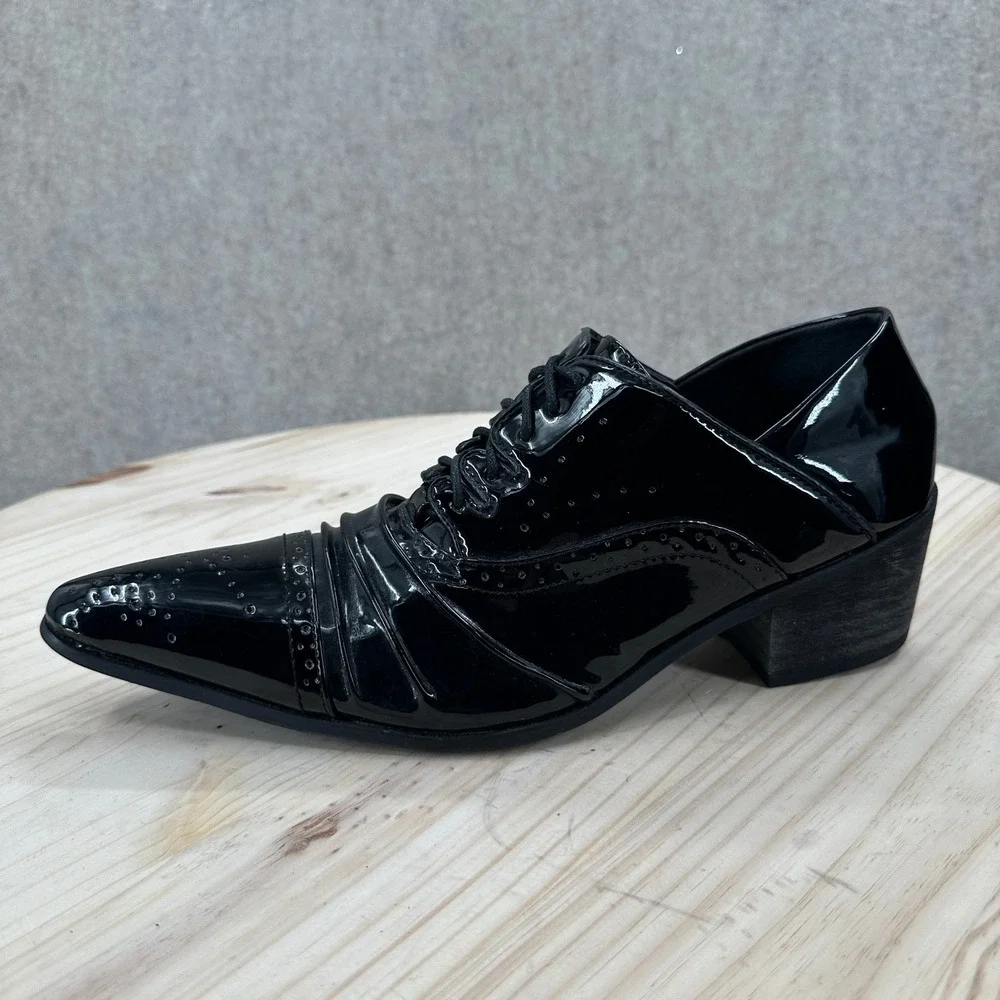 Brogue Heel Shoes Men 9-9.5 Brittish Black Faux Leather Point Toe Pleated Dress